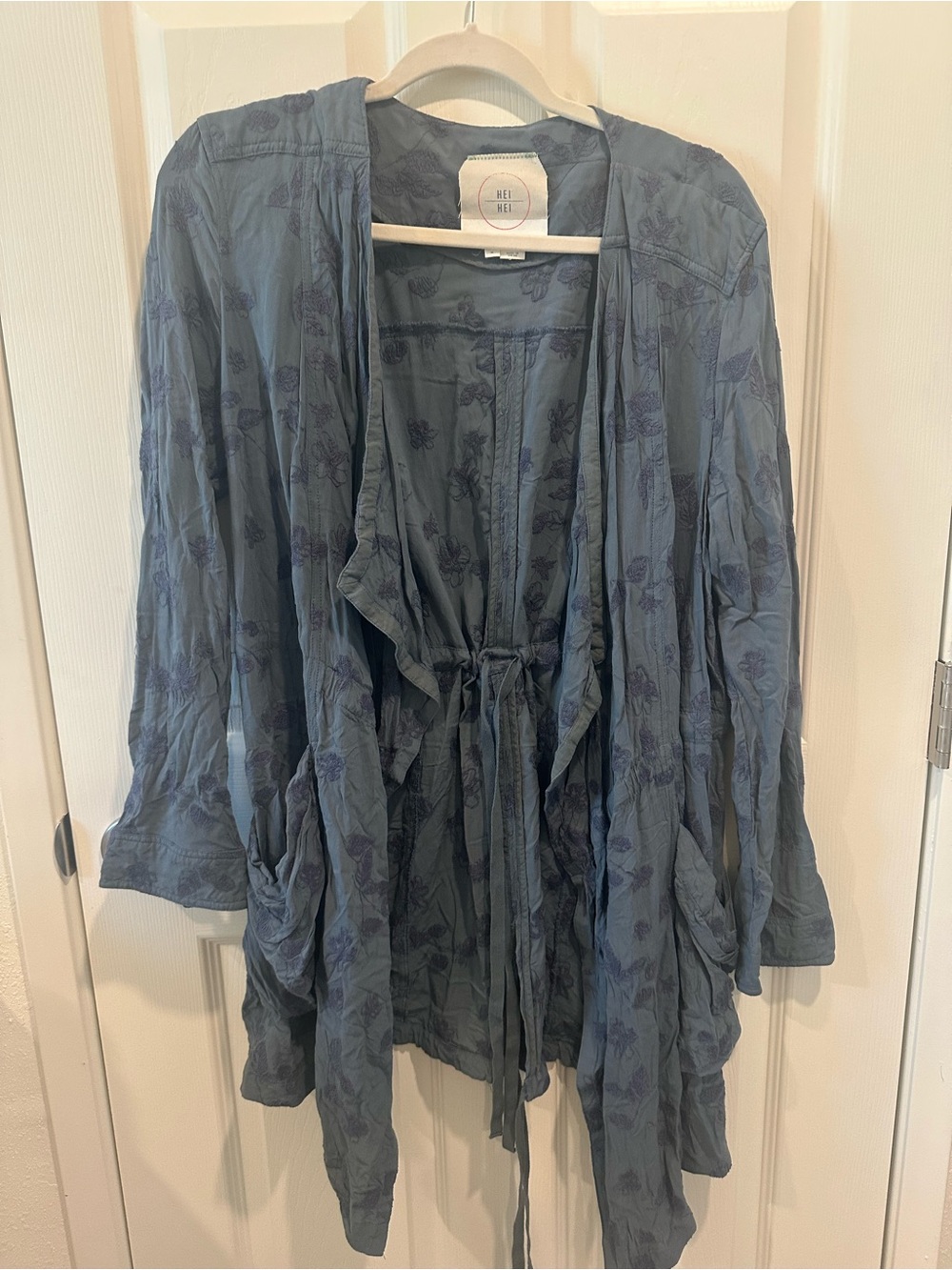 Anthropologie’s Hei Hei  Slate-Blue Floral Tie-Waist Robe Jacket